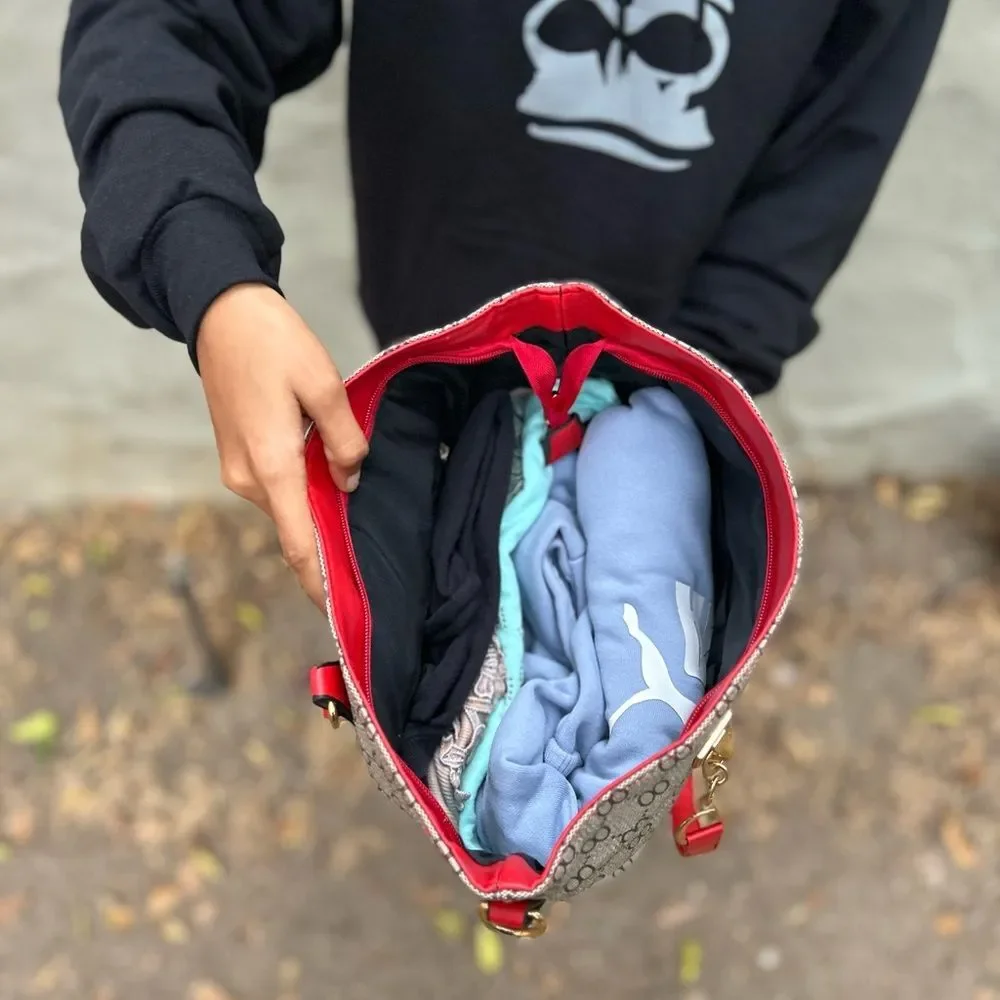 Gray Tote Bag with Red Straps